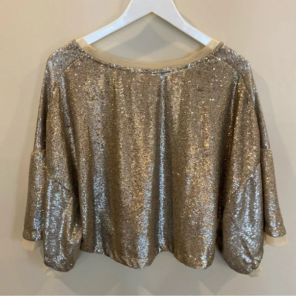 FREE PEOPLE Champagne Dreams Gold Sequined Oversized Cropped Top Size Small - Picture 5 of 5